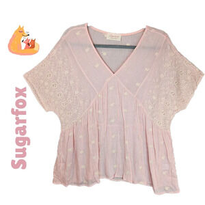 Sugarfox Women's Pastel Pink Embroidered Semi Sheer Boho Festivel Top Sz M